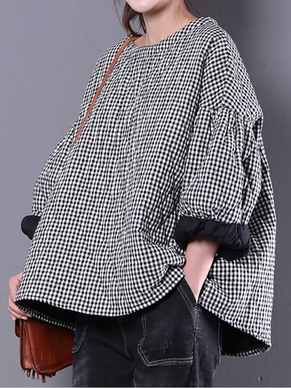 Buykud Plus Size Plaid Loose Blouse - 3/4 Sleeve Quilted Top - Picture 2 of 9
